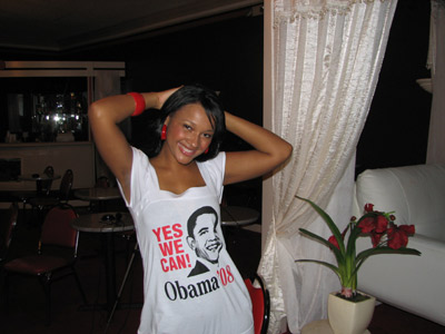 Yes, We support Obama `08 - Mandy wearing Custom Obama Shirt