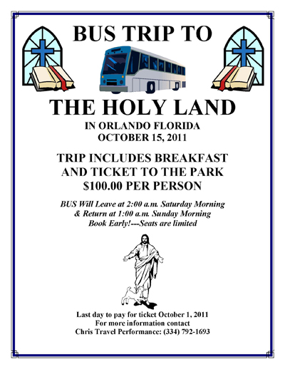 Bus Trip to Holy Land in Orlando, Fl October 15, 2011 leaving from Dothan, AL